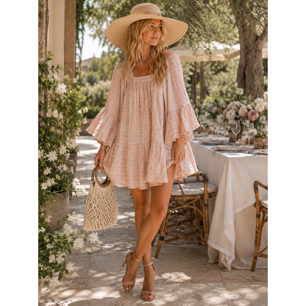 Lisa Marie Fernandez Dress Size 4Check Linen Bell Sleeve Tiered Mini Boho #1488